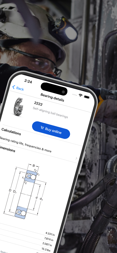 Interfaz móvil de la aplicación SKF Bearing Assist que muestra especificaciones técnicas y un corte transversal de un rodamiento de bolas autoalineable.