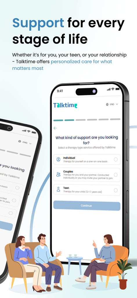 Talktime app screen for choosing individual couples or teen therapy