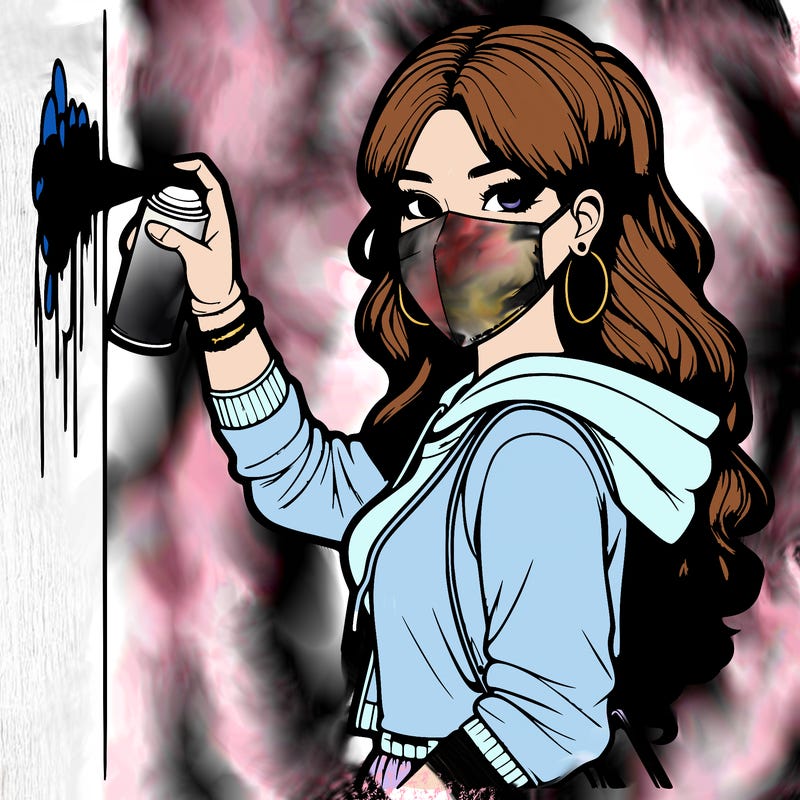 realistic girl with mask spray painting a wall