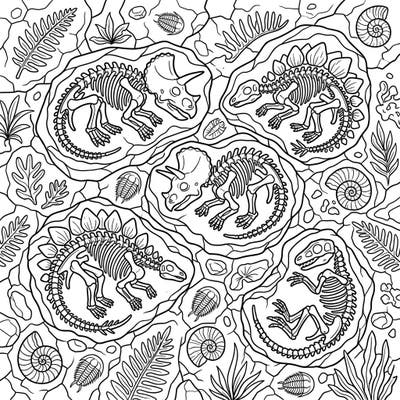 Embark on a prehistoric adventure with this captivating coloring page featuring juvenile dinosaur skeletons. Discover ancient fossil imprints and lush prehistoric plants, ready for your creative touch.