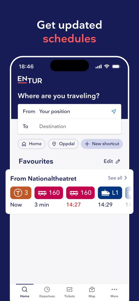 Entur app interface showing real time transport schedules and route search for public transit in Norway