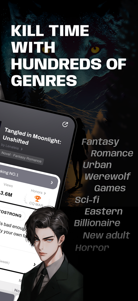 WebNovel app interface showing available book genres like fantasy and romance with an anime style illustration.