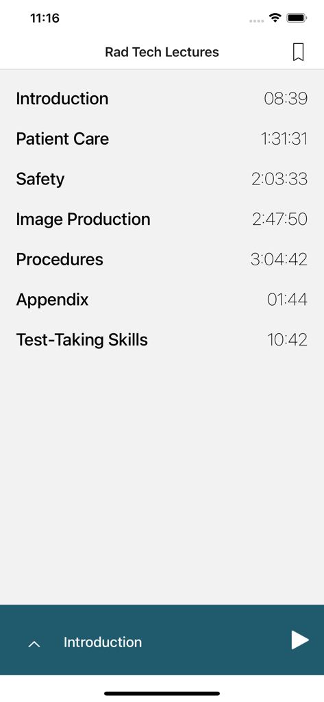 Rad Tech Audio - Une liste de sujets d'étude audio dans l'application Rad Tech Audio, incluant les soins aux patients, la sécurité et la production d'images.