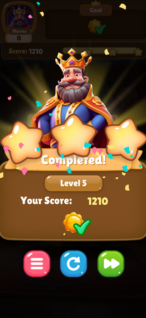 Castle Match: Royal Puzzle - Level 5 victory screen showing three stars and a happy king in Castle Match Royal Puzzle