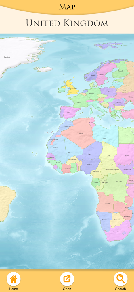 Mapa mundial interativo dentro do aplicativo de guia de cristais mostrando origens minerais por país.