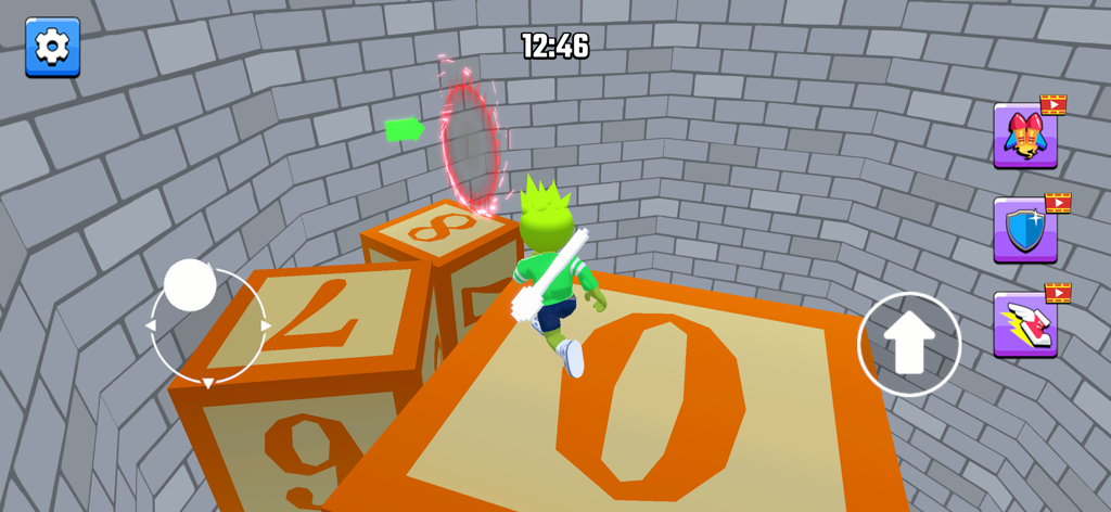 Great Escape Run - Un personaje verde saltando sobre bloques numéricos gigantes en una sala de piedra dentro del juego móvil Great Escape Run
