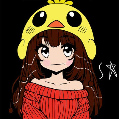 anime girl with chick shaped hat with sweater with bare shoulders with bangs covering them one eye with low tail