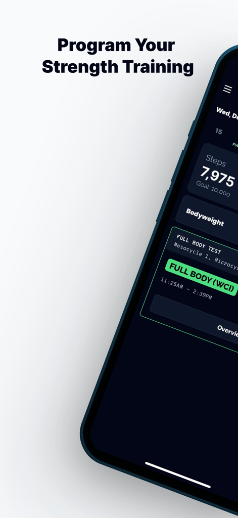 Tracked • Strength Training - A strength training dashboard in the Tracked app showing a full body workout log, daily steps, and bodyweight metrics.