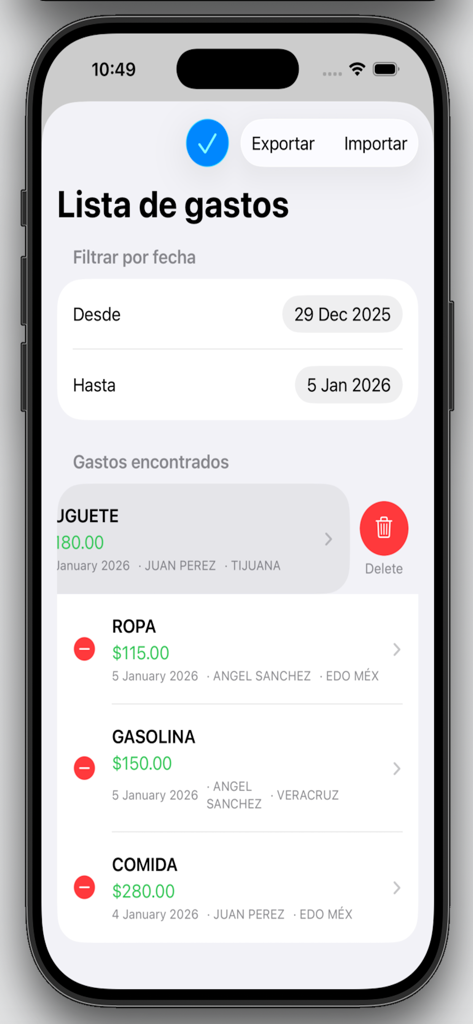 GASTOTES - Uma lista de despesas diárias no aplicativo de orçamento Gastotes em um iPhone.