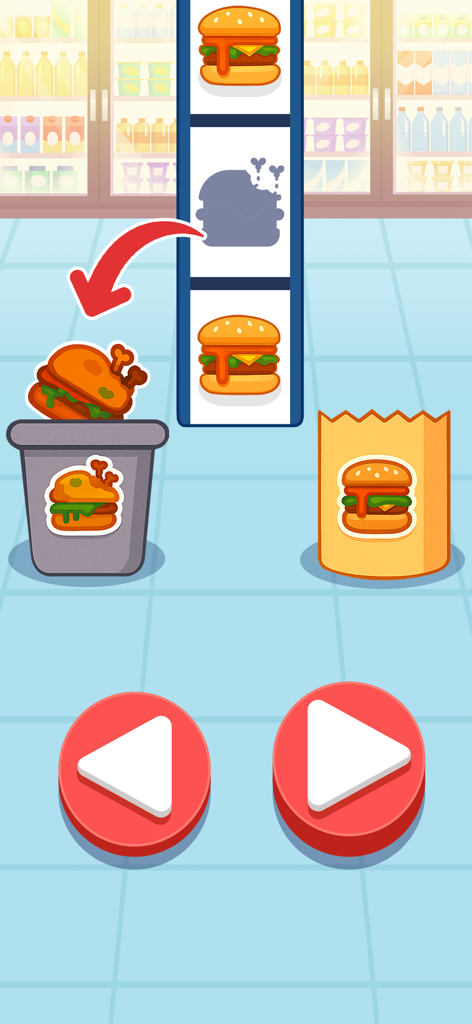 A mini game screen showing a burger sorting activity with a trash bin for spoiled food and a paper bag for fresh items