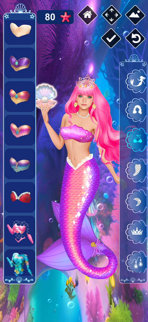 Mermaid Dress Up Game - Mermaid princess customization screen with pink hair and purple tail