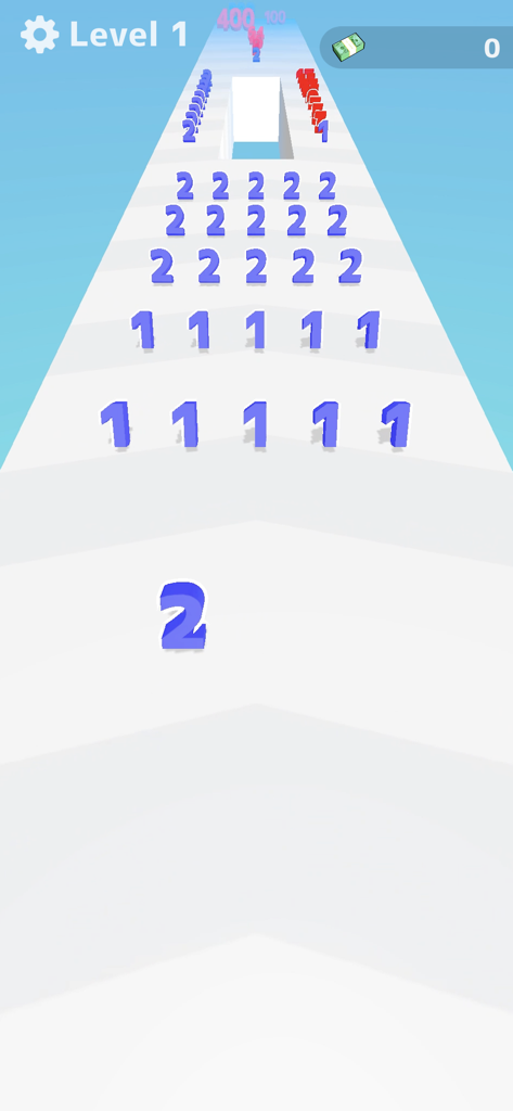 Number Master: Run and merge - Captura de pantalla del juego de Number Master que muestra un número dos azul en una pista de carreras con otros números
