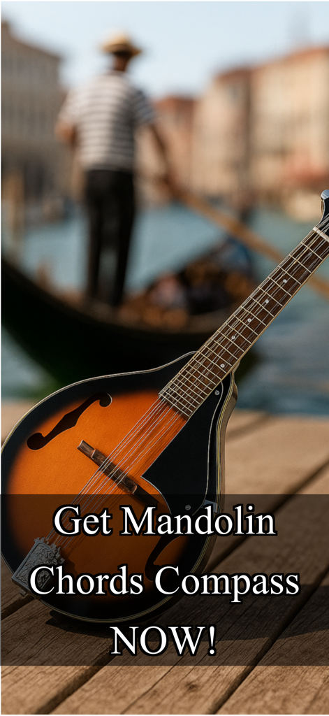 Mandolin Chords Compass - Un mandolino appoggiato su un molo di legno a Venezia con un gondoliere sullo sfondo