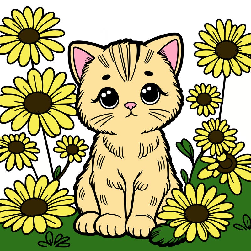 kitten sitting daisy flowers