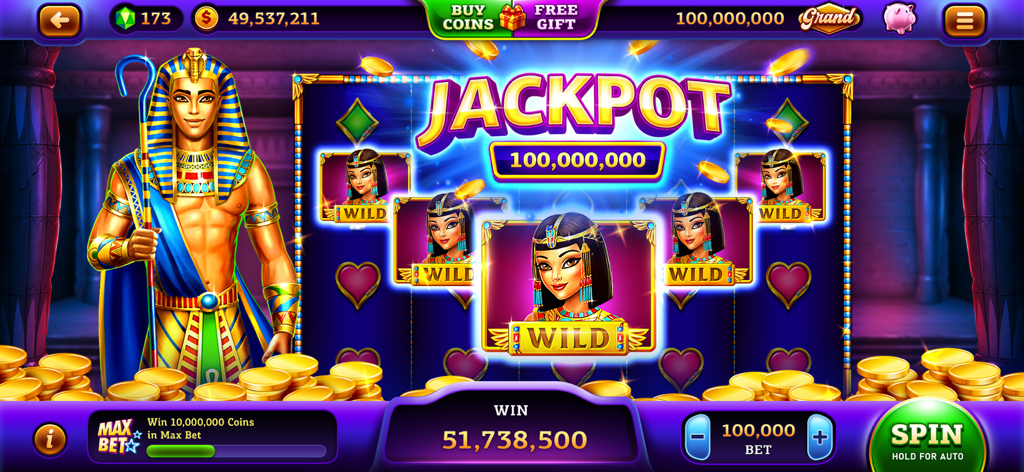 Vegas Quest Slots－Casino Games - Pantalla del juego Vegas Quest Slots mostrando una gran victoria de bote con temática egipcia con símbolos de faraón y Cleopatra