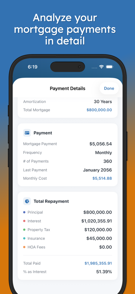 Mortgage Pal - Loan Calculator - Mortgage calculator screen displaying a detailed payment breakdown including principal interest property tax and monthly costs