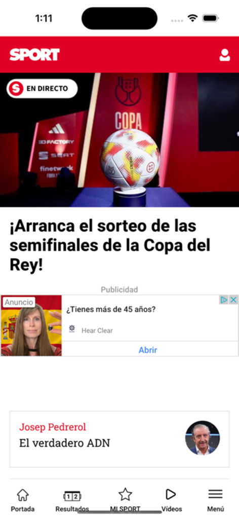 SPORT.es - Interface do aplicativo SPORT.es mostrando manchetes de notícias esportivas em espanhol sobre o torneio de futebol da Copa del Rey