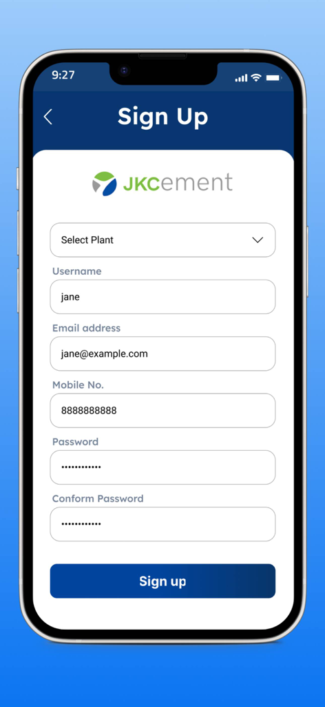 JK Disha - Pantalla de registro para la aplicación móvil JK Disha de JK Cement