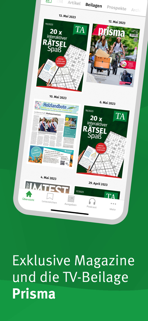 Thuringer Allgemeine E-Paper app display showing exclusive digital magazines and the Prisma TV supplement