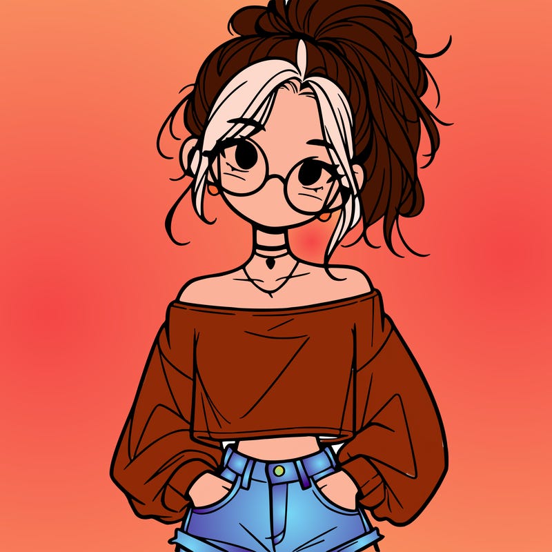 girl with a messy ponytail glasses a baggy crop top and jean shorts