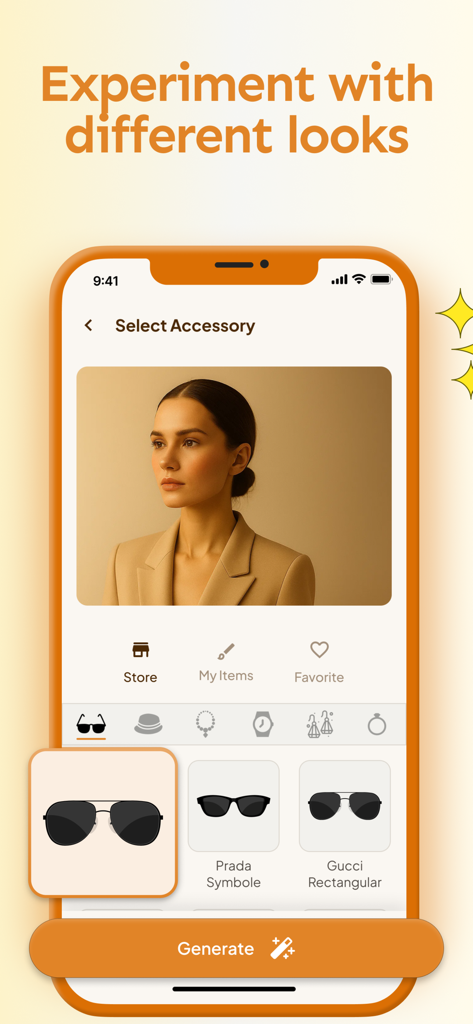 Interfaz de una aplicación de prueba de gafas con IA que muestra la foto de una modelo y un menú de gafas de sol de diseñador para seleccionar