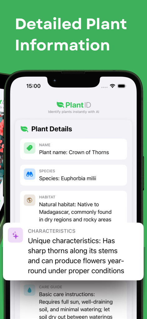 Plant Identifier & Flower Id - Captura de pantalla de la aplicación Identificación de Plantas mostrando información detallada para una planta Corona de Espinas, incluyendo especie y hábitat