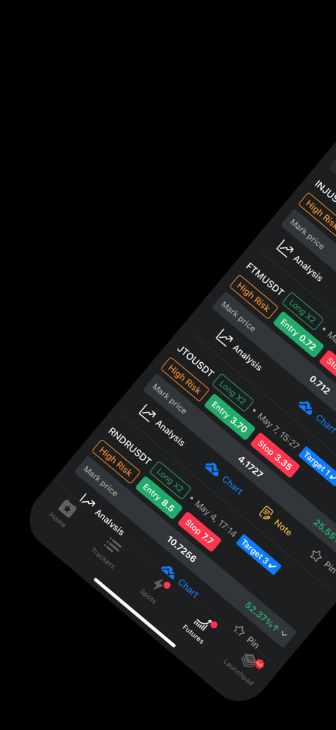 Interface of the Crypto Trading App by Zyncas showing high risk trading signals with entry and stop loss points