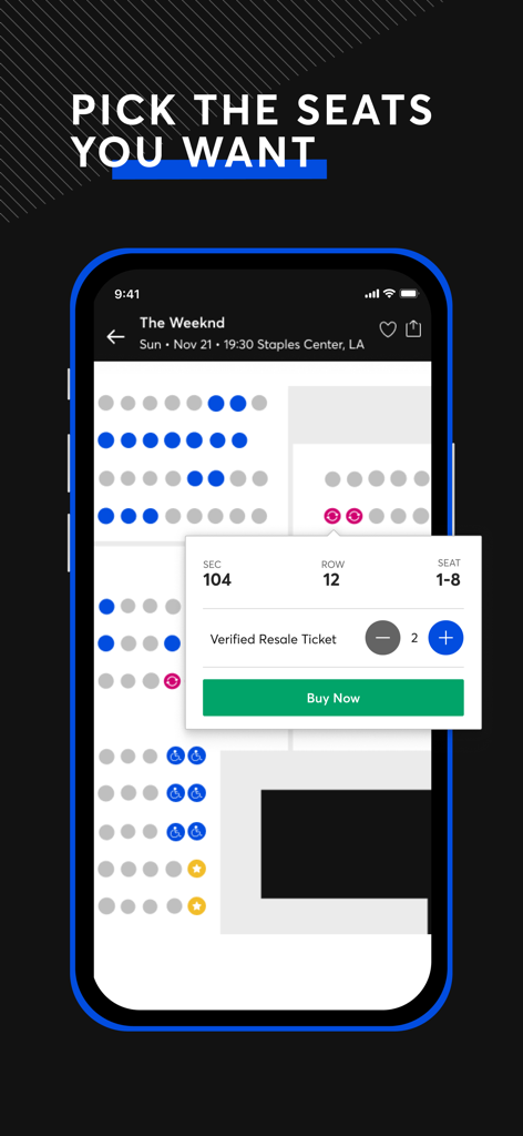 Ticketmaster mobile app seat selection screen for a live concert