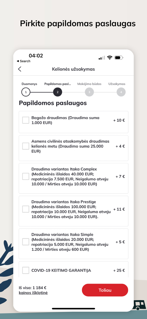 ITAKA Lietuva - Interface de aplicação móvel para a ITAKA Lietuva mostrando uma lista de seguros de viagem e serviços adicionais para uma reserva de férias.