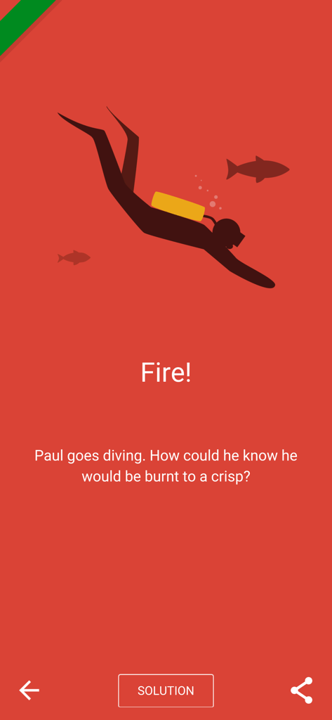 Dark Stories - Dark Stories mobile game screen showing a scuba diver silhouette on a red background with the mystery text Fire