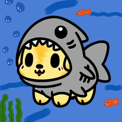 cute dog wearing a shark costume