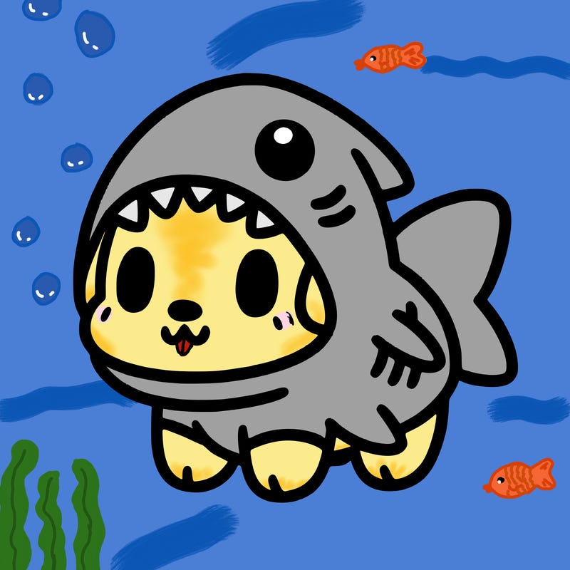 cute dog wearing a shark costume