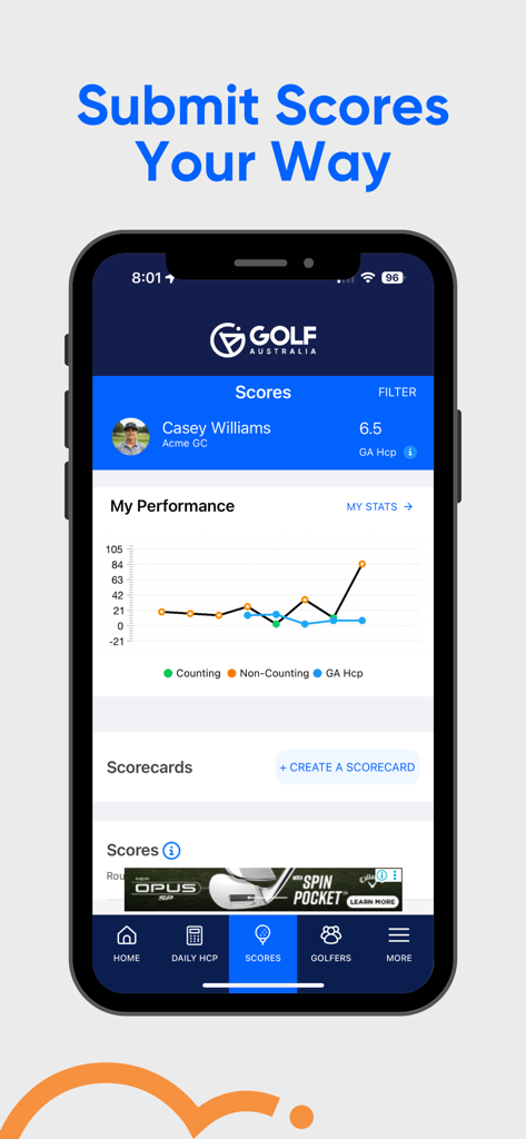Golf Australia app screen showing player scores and handicap performance tracking graph