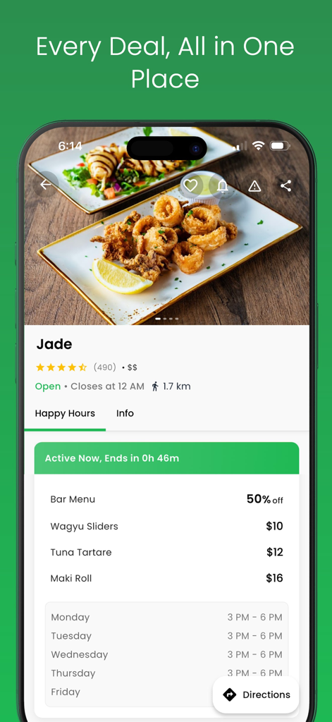 Happi Hour: Happy Hour Finder - Schermata di uno smartphone che mostra offerte speciali happy hour per cibo e bevande per un ristorante chiamato Jade, inclusi slider di wagyu e tartare di tonno
