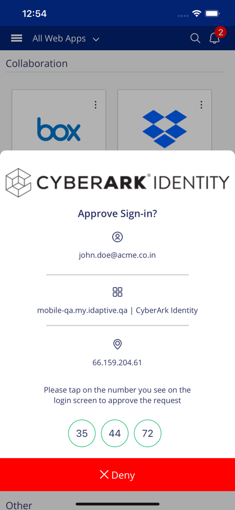 CyberArk Identity - CyberArk Identity app screen for multi factor authentication sign in approval