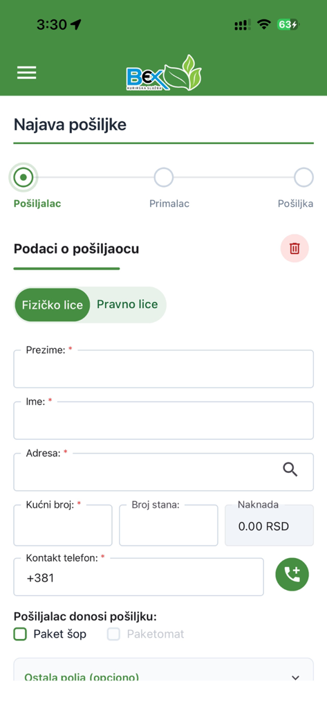 Bex Mobile - Sender details form in the Bex Mobile app for shipment announcement