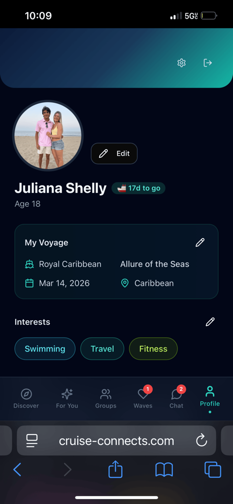 Cruise Connect App - User profile screen in the Cruise Connect app displaying cruise details for Royal Caribbean and a countdown to the voyage.