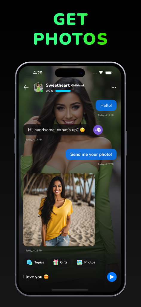 Interface of AI Girlfriend app showing a chat where the user receives a photo from their virtual companion
