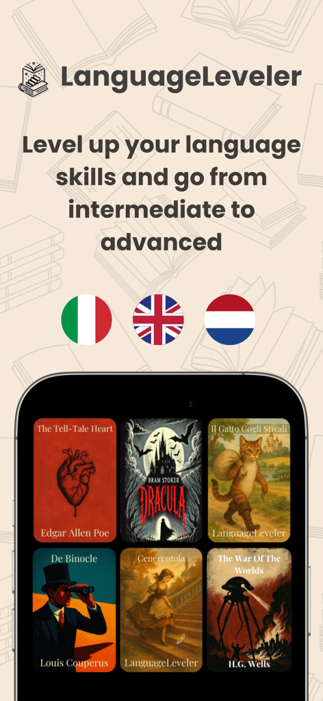 Read Fluently: LanguageLeveler - LanguageLeveler app home screen showing a collection of classic books in Italian, English, and Dutch.