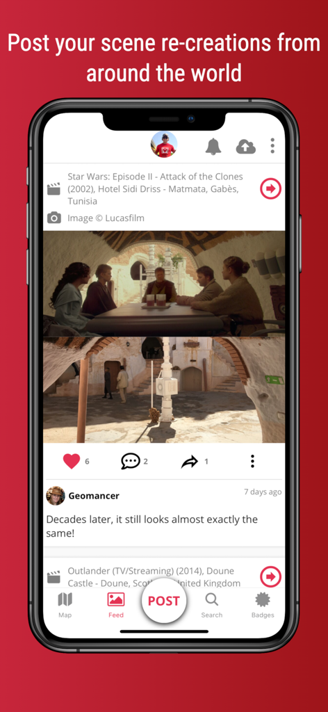 SetJetters: Movie Locations - SetJetters app interface showing a side-by-side comparison of a Star Wars movie scene with its real-world filming location in a user feed.