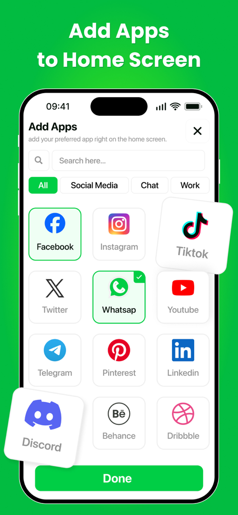 Dual Accounts & Parallel Space - Interface móvel mostrando uma seleção de ícones de redes sociais como Facebook e WhatsApp para adicionar a um espaço de conta dupla.