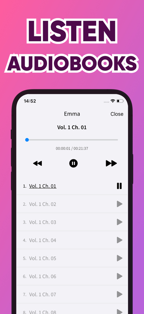 Schermata di riproduzione dell'app Librivox che mostra controlli e elenco capitoli per Emma di Jane Austen