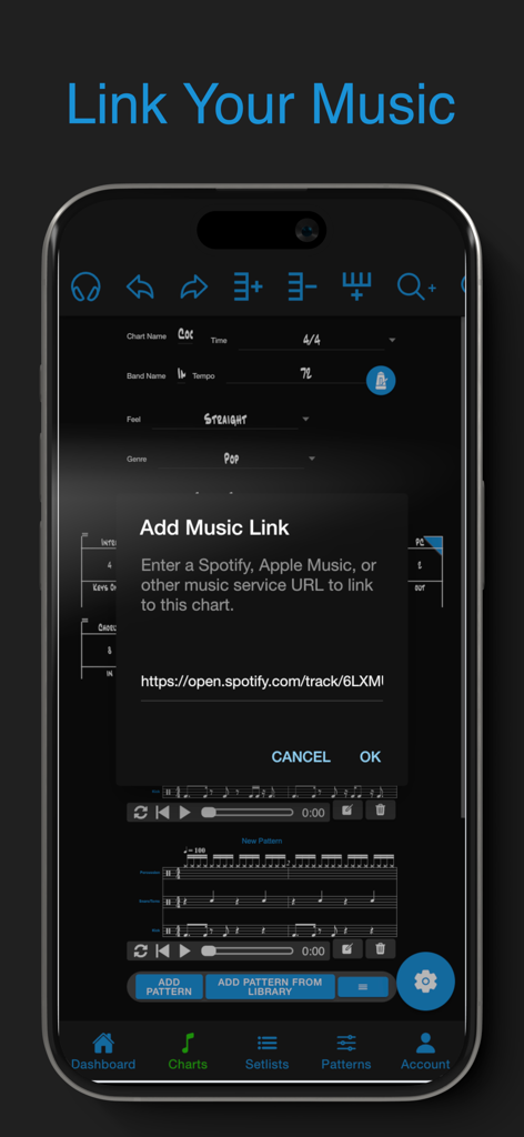Drum Chart Builder - Interfaz de la aplicación Drum Chart Builder que muestra la ventana emergente Agregar enlace de música para conectar una URL de Spotify o Apple Music a una partitura de batería