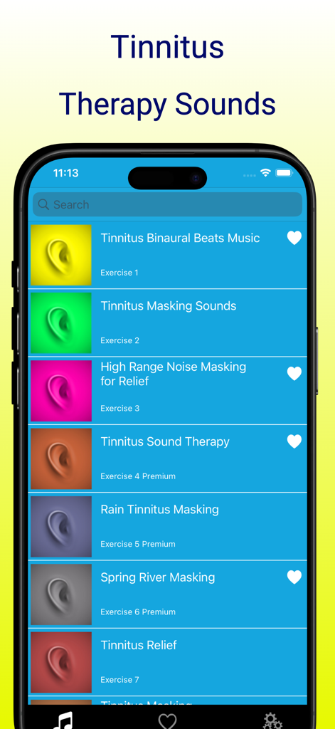 Tinnitus: resound relief & aid - Uma tela de smartphone exibindo uma lista de opções de terapia sonora para alívio de zumbido, como batidas binaurais e ruído de mascaramento