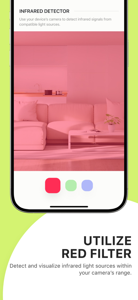 A smartphone screen displaying an infrared detector feature using a red filter to locate hidden camera signals.