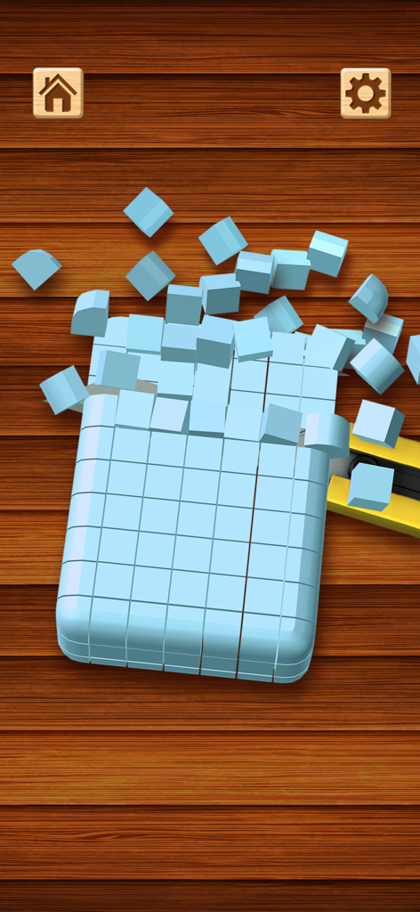 Antistress Pop it Toy 3D Games - A 3D simulation of slicing a blue block into small cubes on a wooden background