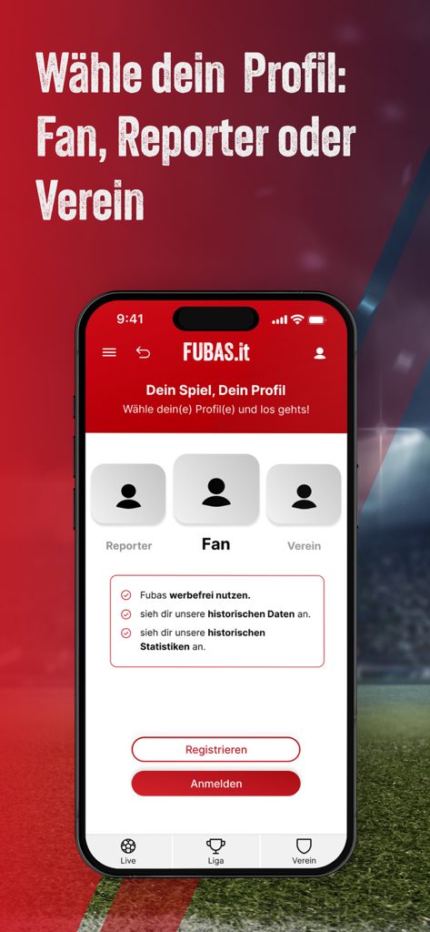Fubas - Fubas app profile selection screen for Fan, Reporter, and Club.