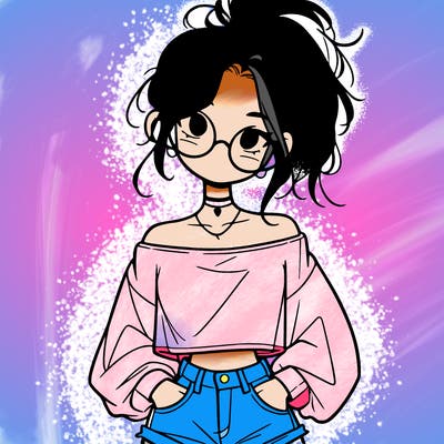 girl with a messy ponytail glasses a baggy crop top and jean shorts