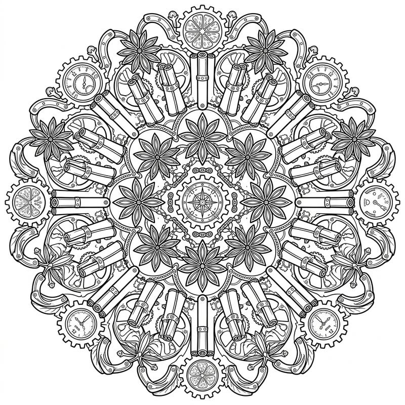 Dive into a world where aromatic spices meet mechanical marvels with this unique Steampunk Spice Mandala coloring page. Explore intricate gears, star anise, and cinnamon sticks in a mesmerizing symmetrical design, perfect for a relaxing and creative escape.