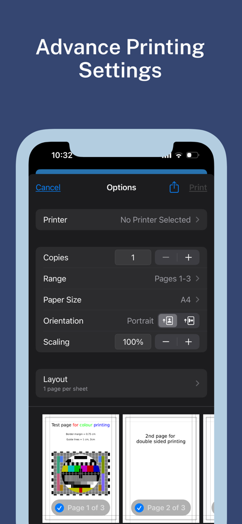 iPrintアプリの詳細印刷設定画面。部数、用紙サイズ、ページレイアウトのオプションが表示されています。